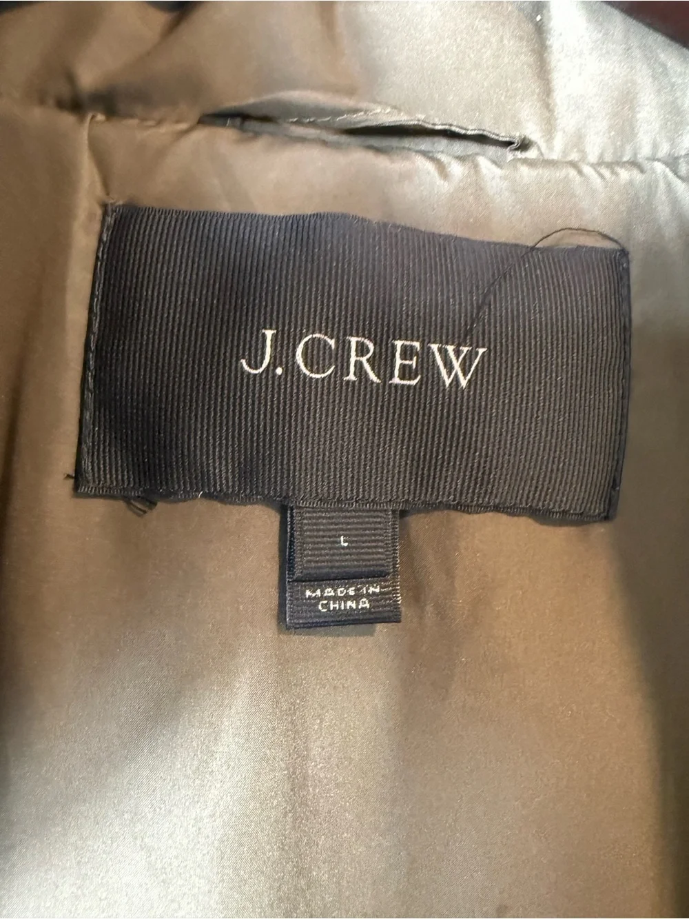 J.Crew Quilted Down Puffer Jacket Olive Green Stand Collar Zip Coat L Style 9732
